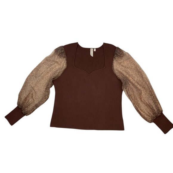 Anthropologie Dolan Puff Sleeve Sweater 1X Plus Brown Motif Animal Print Fall - Picture 11 of 11